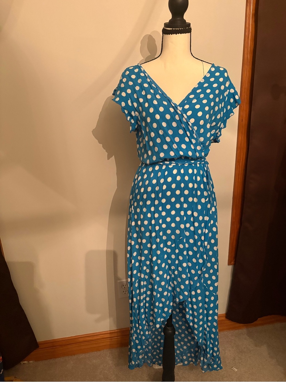 Blue Polka Dot High-Low Wrap Dress